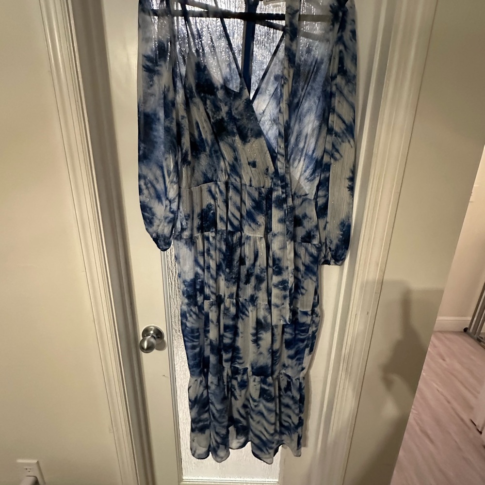 Calvin Klein Blue and White Wrap Maxi Dress with Bishop Sleeves